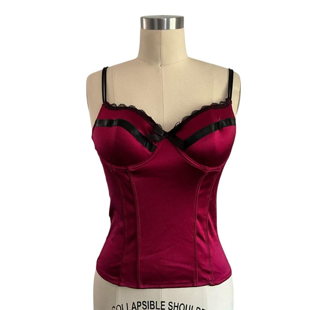 Red and Black Silky Bustier Top: 80s, 90s, Y2K